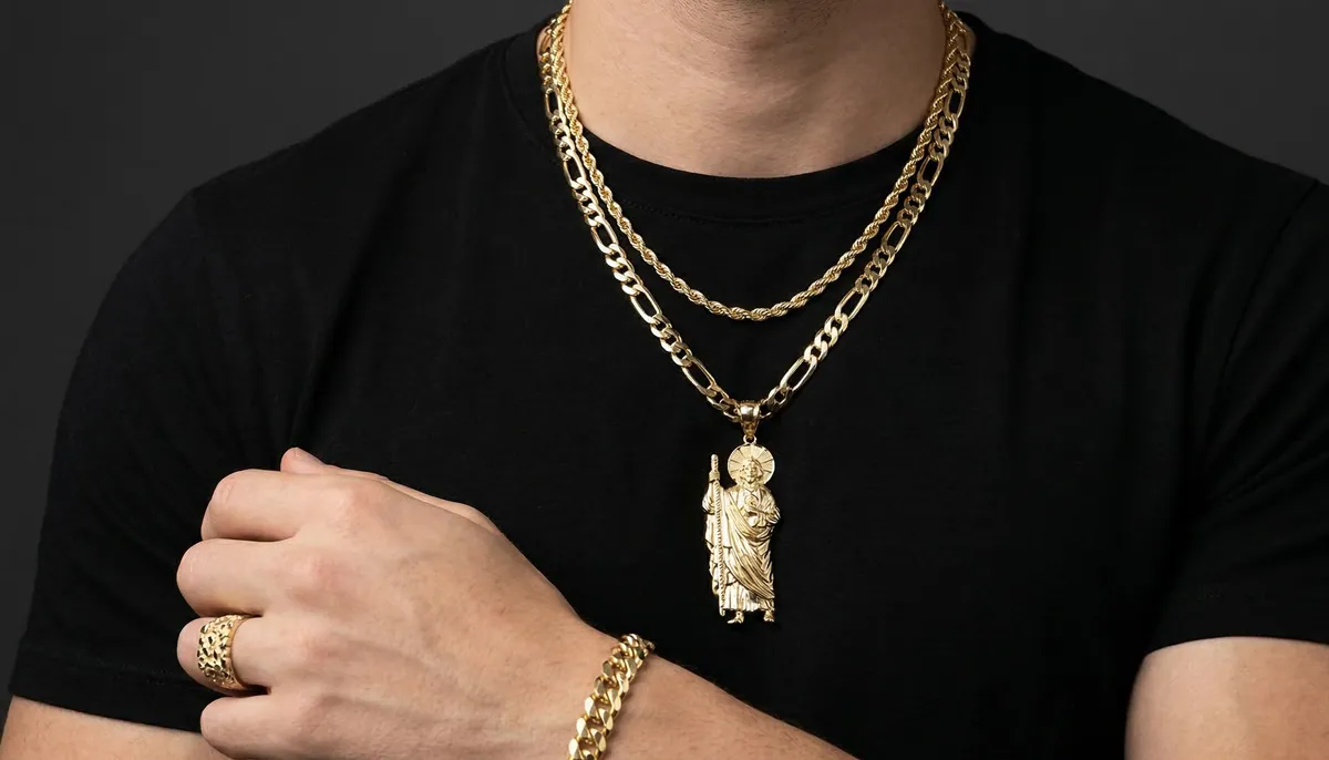 Man wearing layered gold chains and pendant — men's jewelry