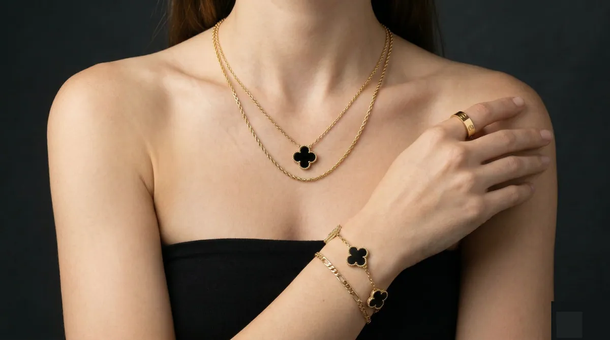 Woman wearing gold necklaces and bracelet — women's jewelry